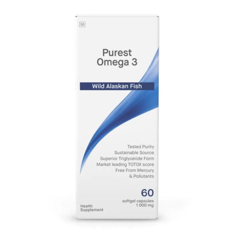Image of a white box that says purest Omega 3 Wild Alaskan Fish Tested purity sustainable source superior triglyceride form market leading TOTOX score free from mercury and pollutants 60 softgel capsules 1000mg health supplement