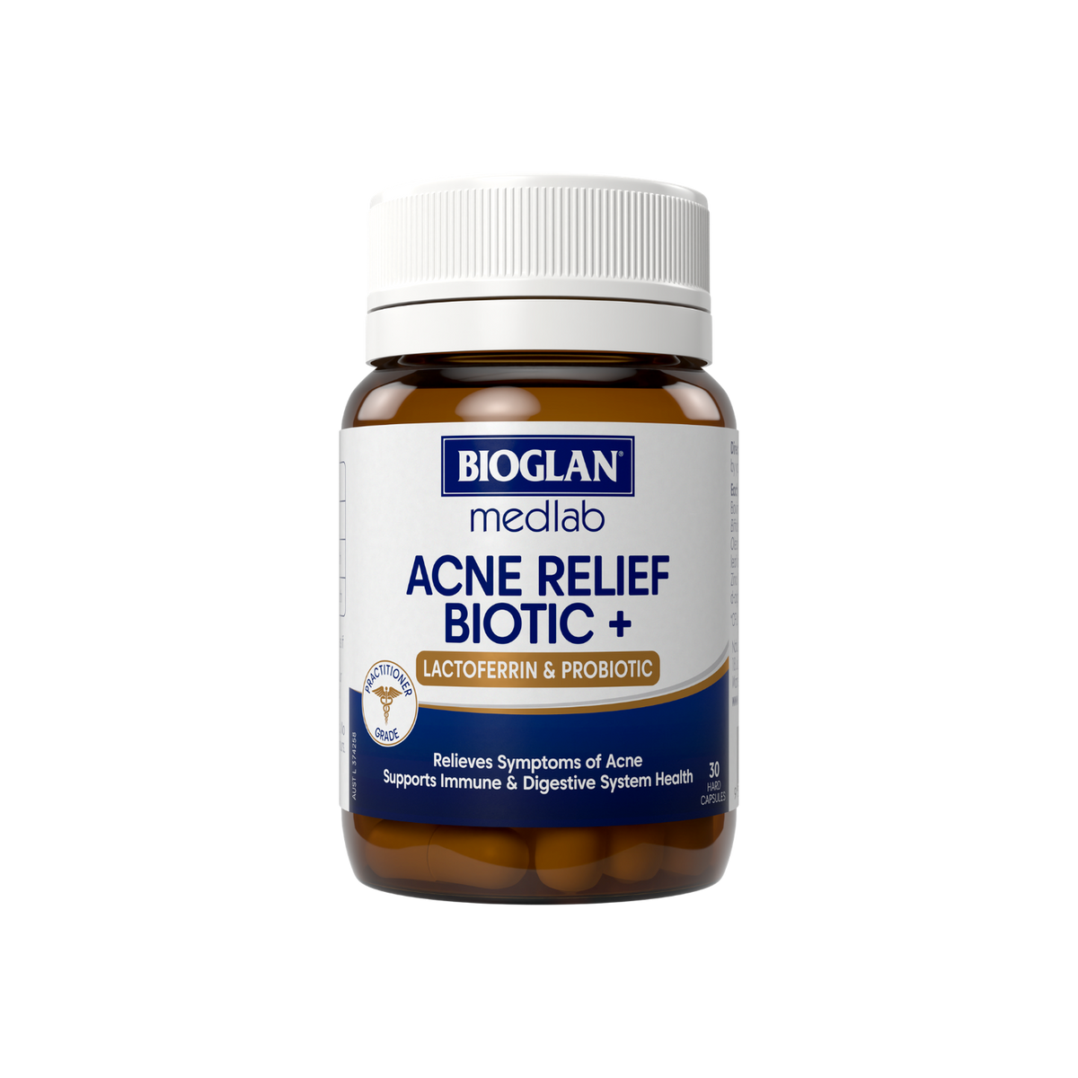 A supplement container of Acne Relief Biotic (Previously Lactoferrin Enhanced) by Medlab