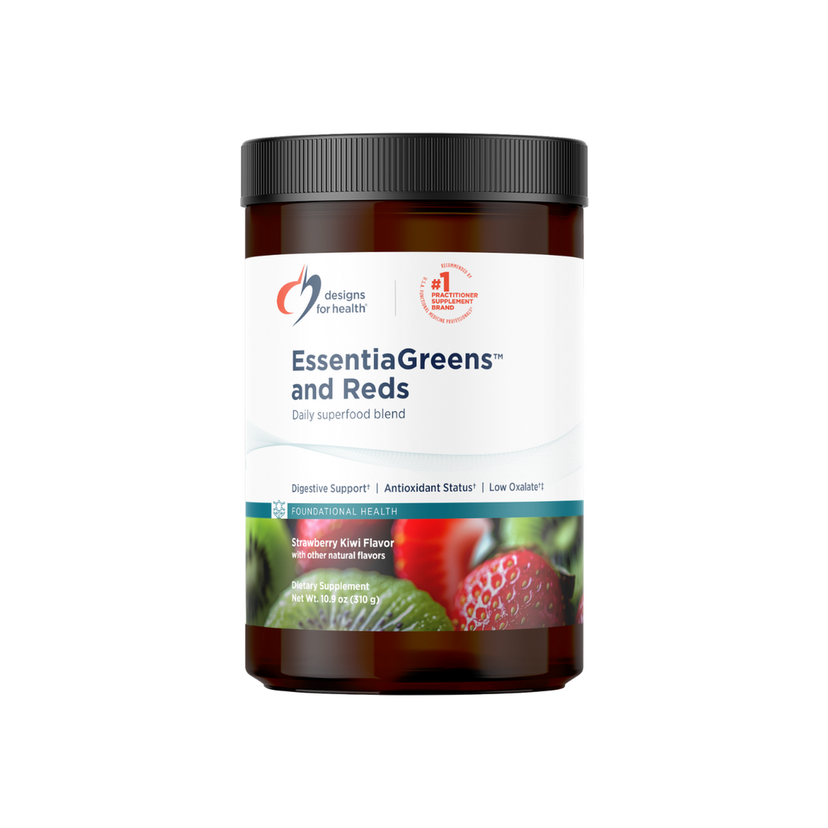 A supplement container of EssentiaGreens and Reds 310g (Strawberry Kiwi) by Designs for Health - USA