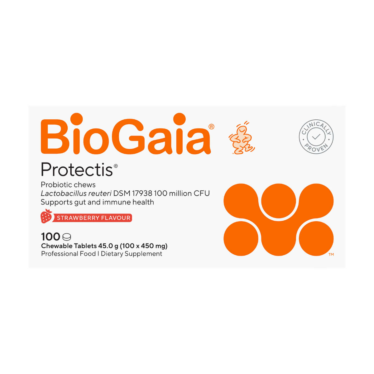 A supplement container of BioGaia Protectis Adult Chewable (Strawberry 100tabs) by BioGaia