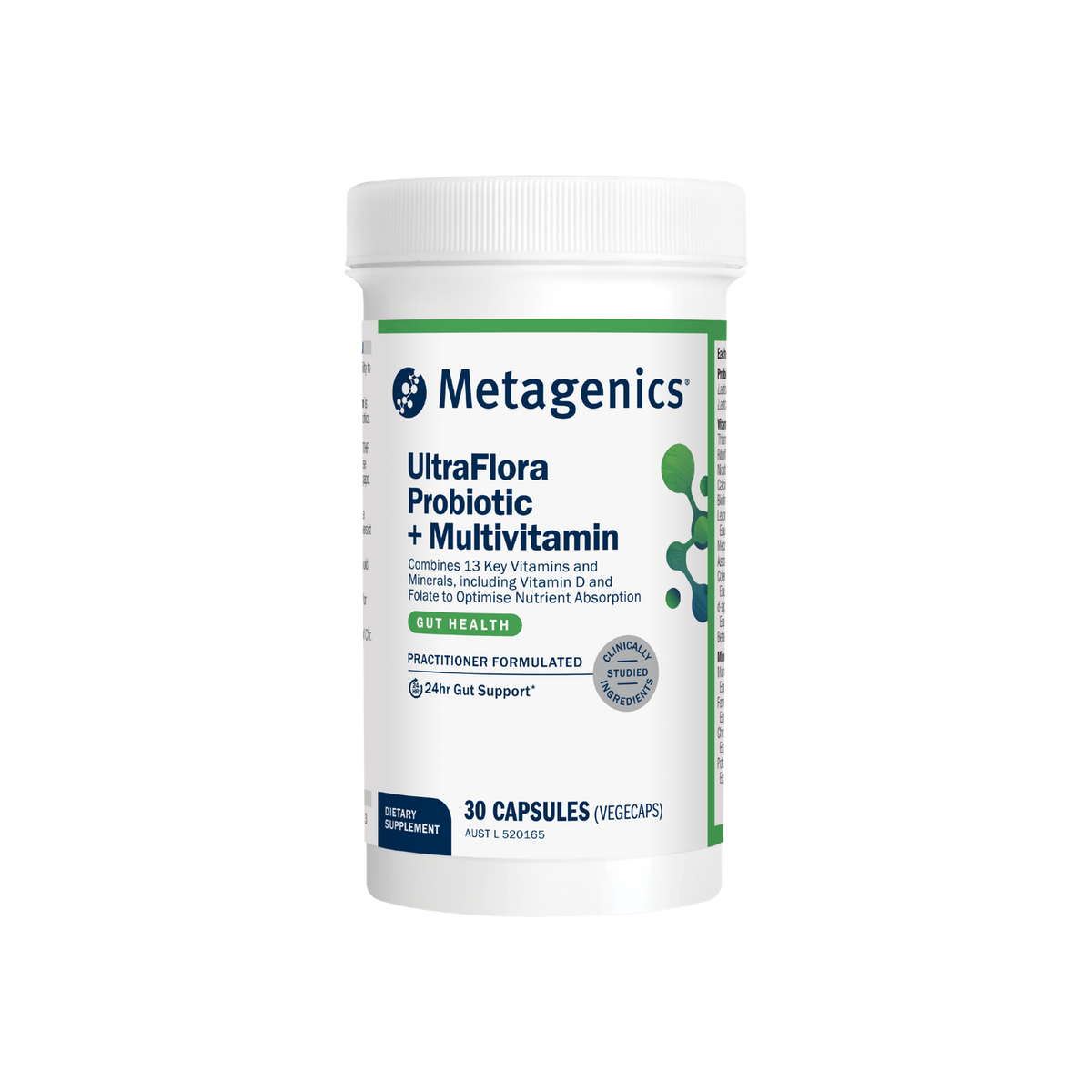 A supplement container of UltraFlora Probiotic + Multivitamin by Metagenics