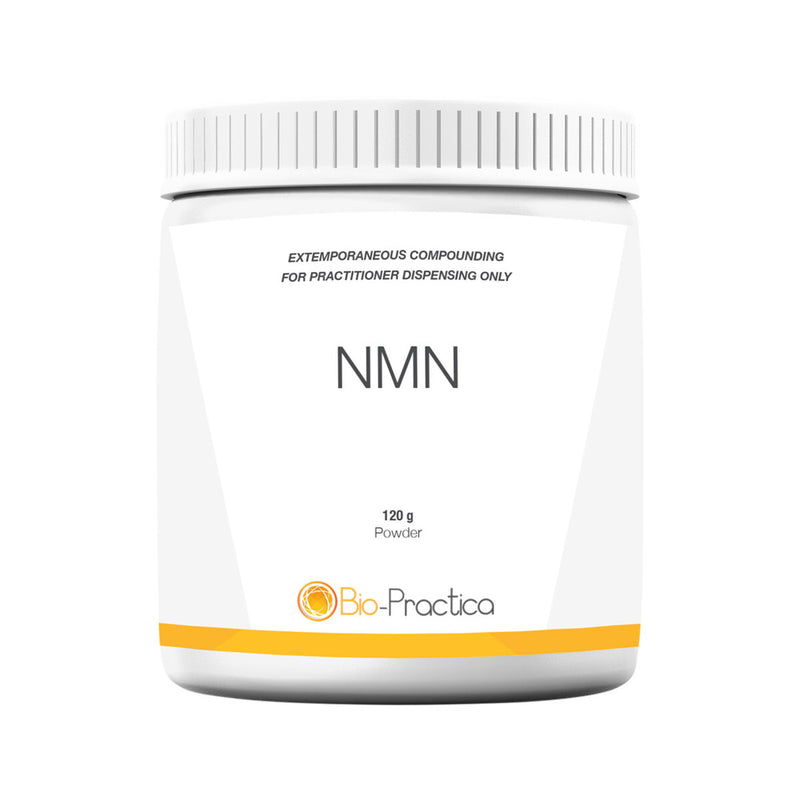 Image of a white bottle that says extemporaneous compunding for practitioners dispensing only NMN 120g Powder bio- Practica