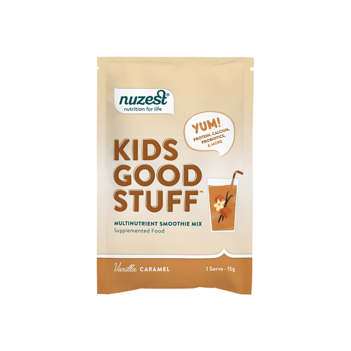 A supplement container of Kids Good Stuff x10 Sachet Box (Vanilla Caramel) by Nuzest (Retail)