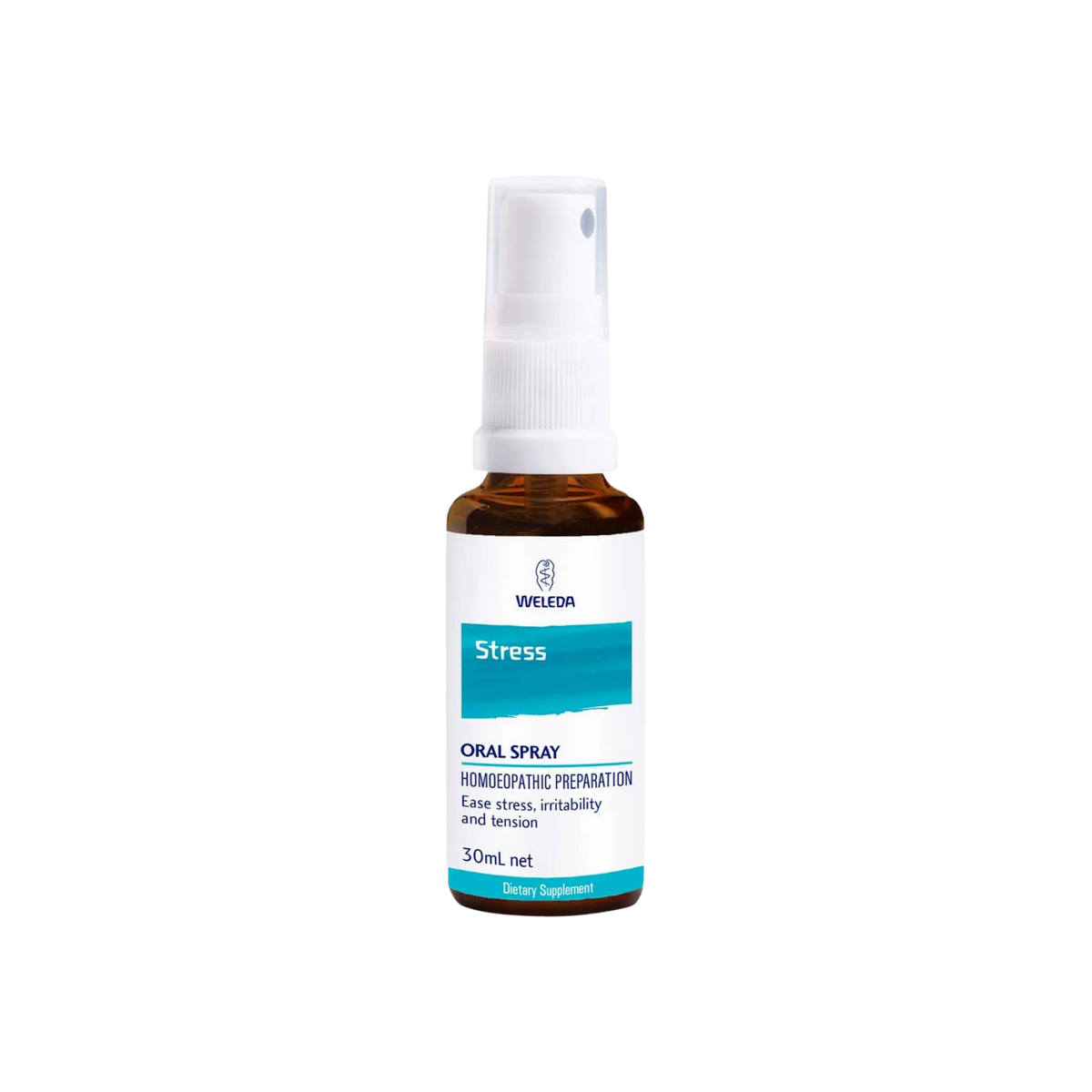 A supplement container of Stress Oral Spray by Weleda