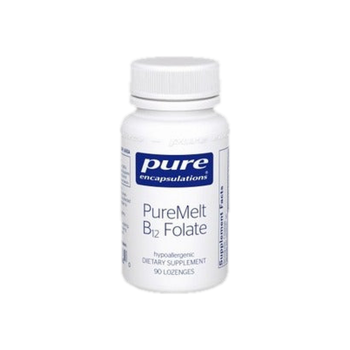 A supplement container of PureMelt B12 Folate 90 lozenges by Pure Encapsulations