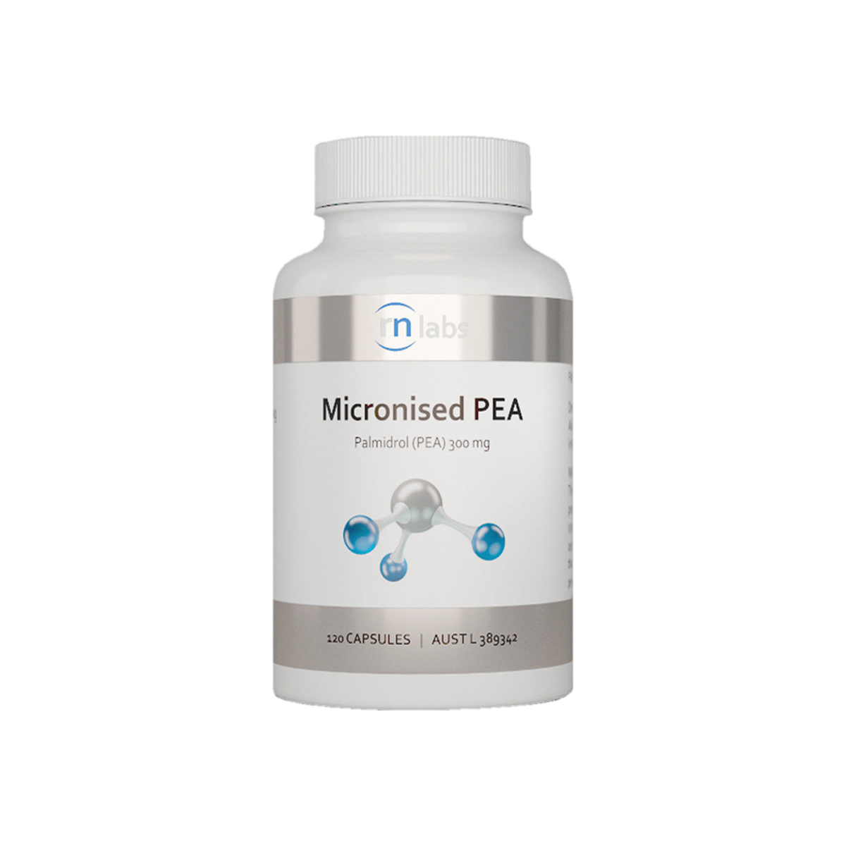 A supplement container of Micronised PEA 120c by RN Labs