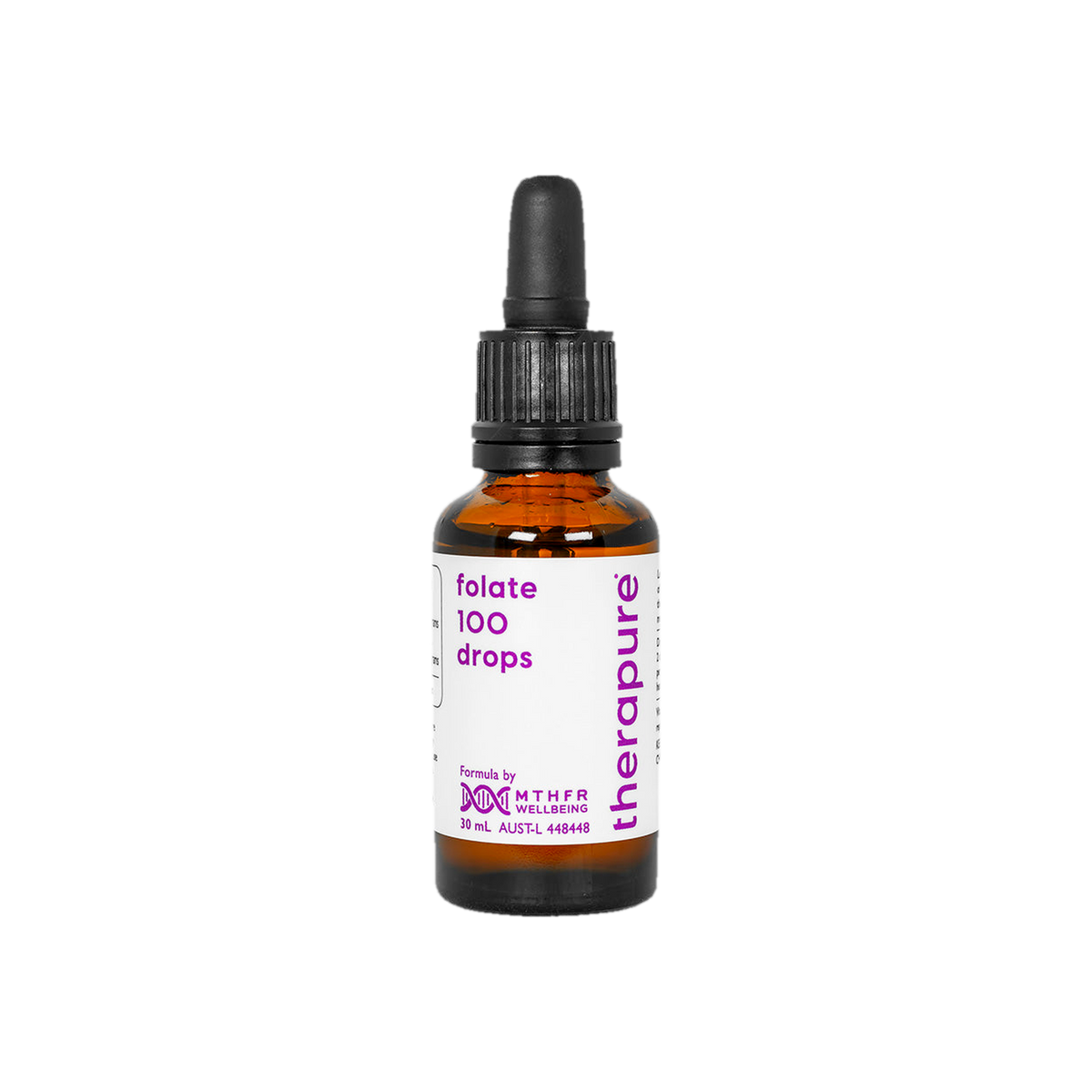 A supplement container of folate 100 drops 30ml by Therapure