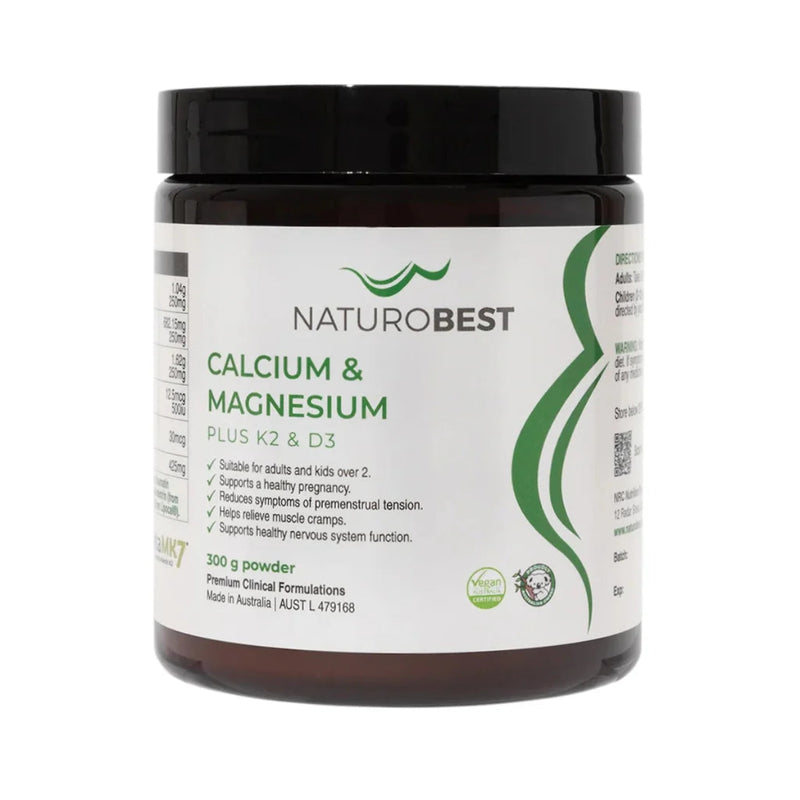 NATUROBEST
CALCIUM & MAGNESIUM
PLUS K2 & D3
Suitable for adults and kids over 2.
/ Supports a healthy pregnancy.
Reduces symptoms of premenstrual tension.
Helps relieve muscle cramps.
Supports healthy nervous system function.
300 g powder
Prettium Clinical Formulations Kase in Australa | AUST L 479168