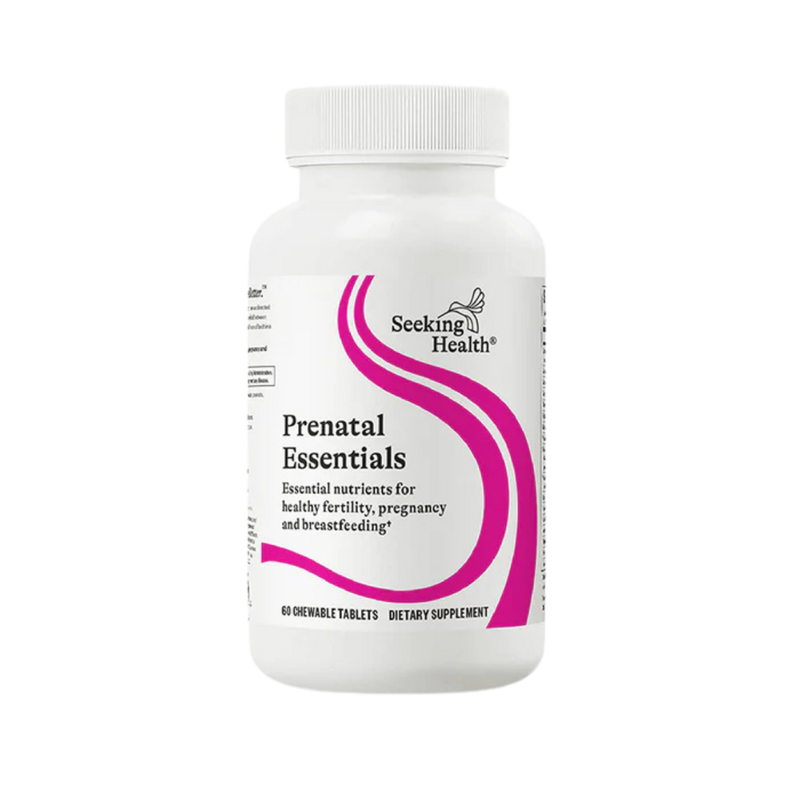 A Supplement bottle with the name Prenatal Essentials (Chewable) by Seeking Health