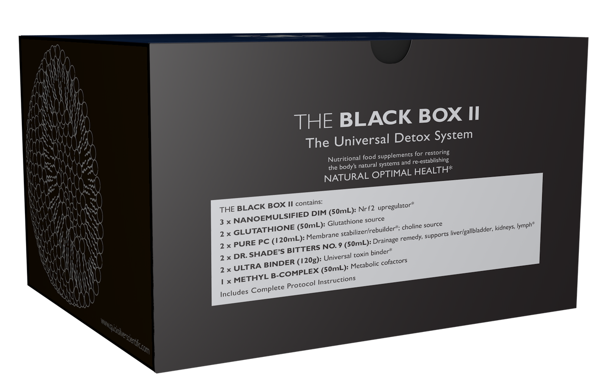 A supplement container of Black Box® II (Protocol) - Universal Detox Kit by Quicksilver