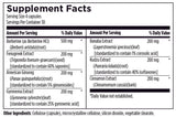 Text listing the ingredients including Berberine, Berberis aristata, Fenugreek Extract, Trigonella foenum-graecum, American Ginseng, Panax Quinquefolius, Ginsenosides, Gymnema Extract Sylvestre, Banaba, Lagerstroemia speciosa, corosolic acid, Kudze Extract, Pueraria lobata, Cinnamon Extract, Cinnamomum cassia, cellulose (capsule), microcrystalline cellulose, silicon dioxide, vegetable sterate