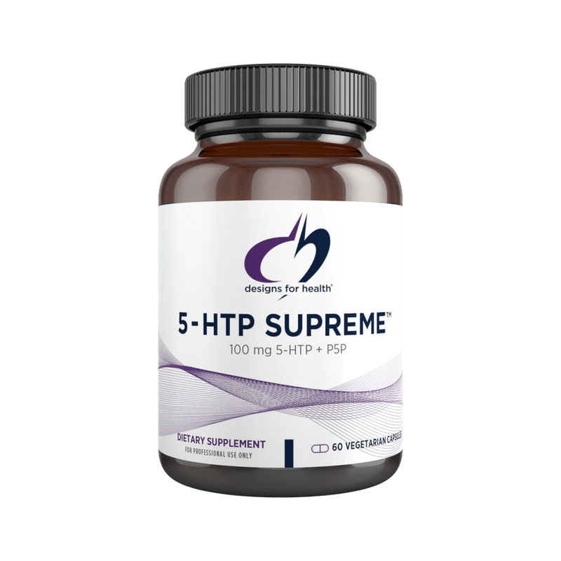 A Supplement container with the name 5-HTP Supreme by Designs for Health.