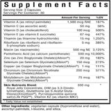 Ingredients: Vitamin A, C, D, E,  Thiamin, Riboflavin, Niacin, Pantothenic Acid, Zinc, Selenium, Copper, Chromium, Molybdenum.
