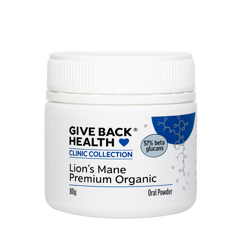 A white supplement bottle which says give back health clinic collection 57% beta glucans lions mane premium organic 80g oral powder
