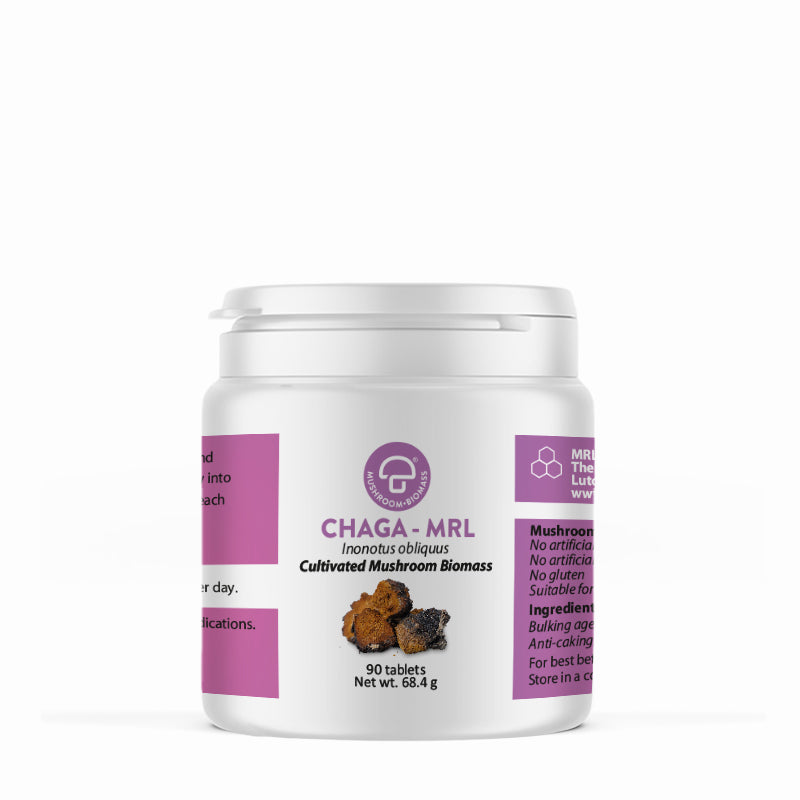 A supplement container of Chaga-MRL™ 90T by Mycology Research Laboratories