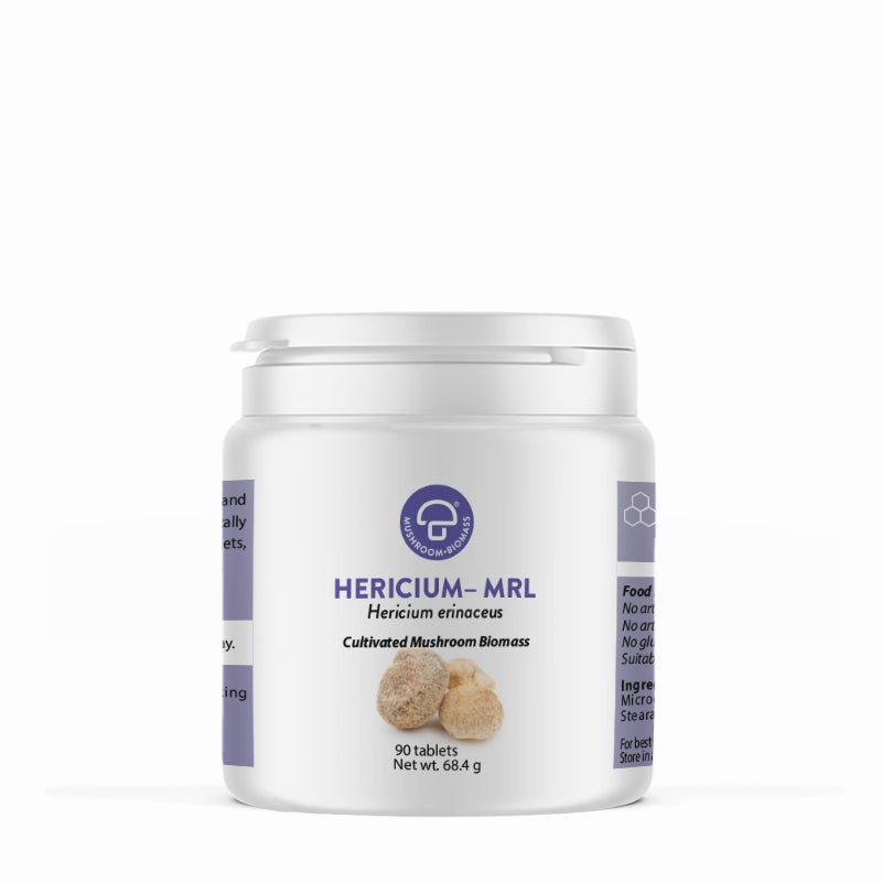 A supplement container of Hericium-MRL™ 90T (Lion's Mane) by Mycology Research Laboratories