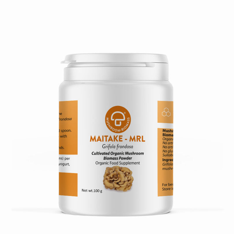 A supplement container of Maitake-MRL ™ 100g by Mycology Research Laboratories