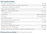 Text listing the ingredients including Ascorbic acid, vitamin c, D-alpha-Tocopheryl acid succinate, vitamin e, Zinc, Zinc bisglycinate, Zeaxanthin, Folic acid, Ribes nigrum, black current, Tagetes erecta, Marigold, Lutein, Tagetes erecta