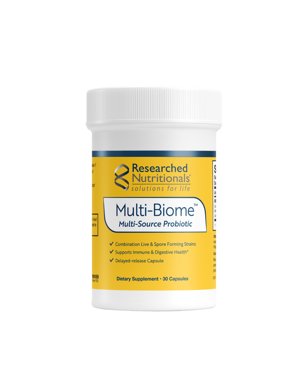 A supplement container of Multi-Biome by Researched Nutritionals