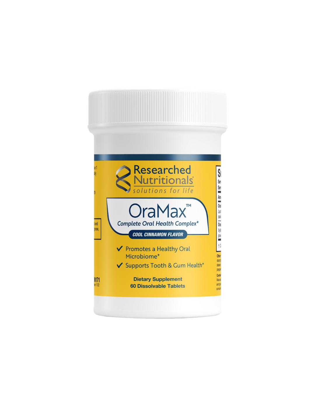 A supplement container of OraMax by Researched Nutritionals