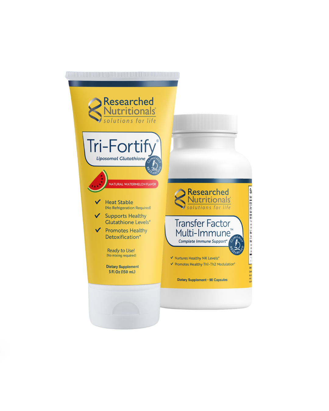 A supplement container of Enhanced Immunity Duo (Watermelon) by Researched Nutritionals