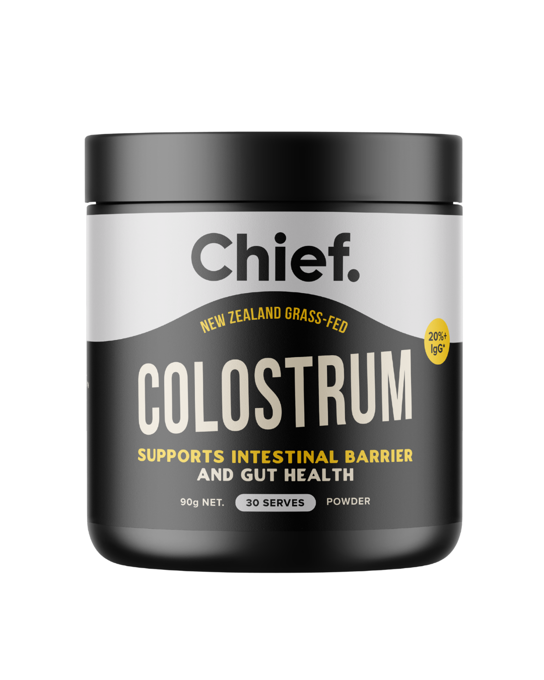 A supplement container of Gut Health Colostrum Powder by Chief Nutrition