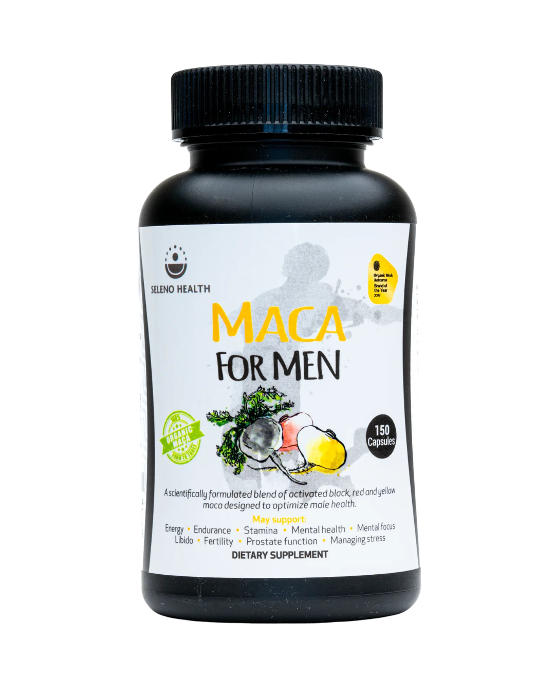 A supplement container of Maca for Men by Seleno Health (Retail)