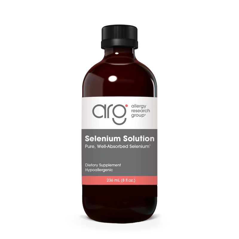 A Supplement container with the name Selenium Solution, Pure, Well-absorbed selenium by Allergy Research Group.