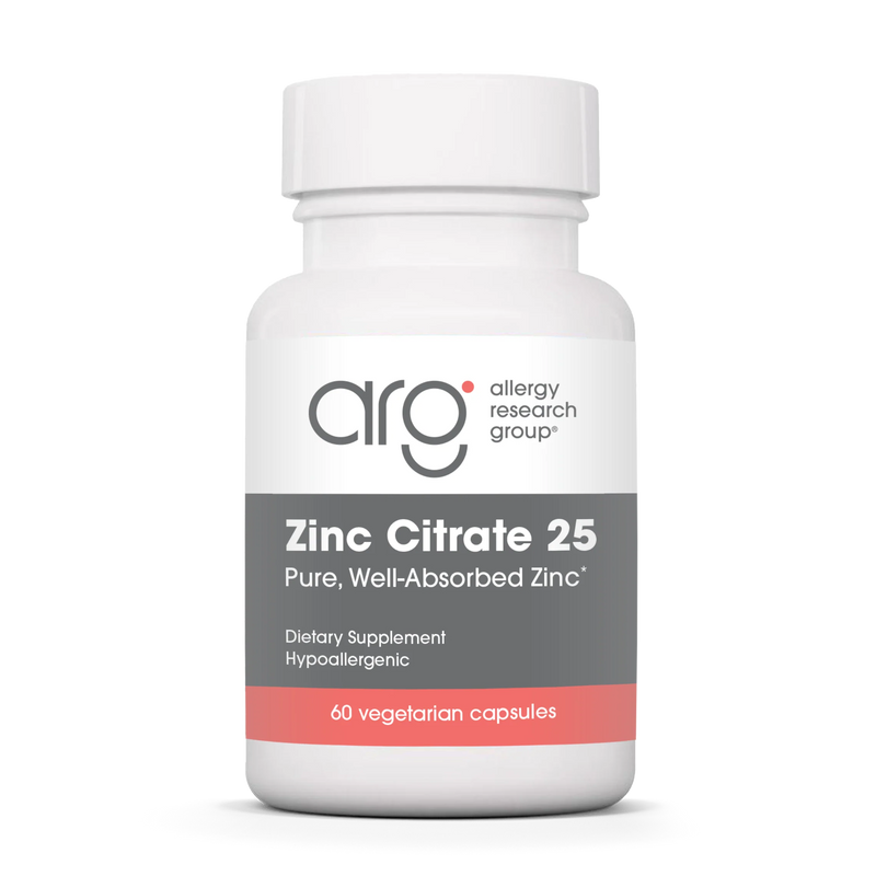A Supplement container with the name Zinc Citrate 25 by Allergy Research Group.