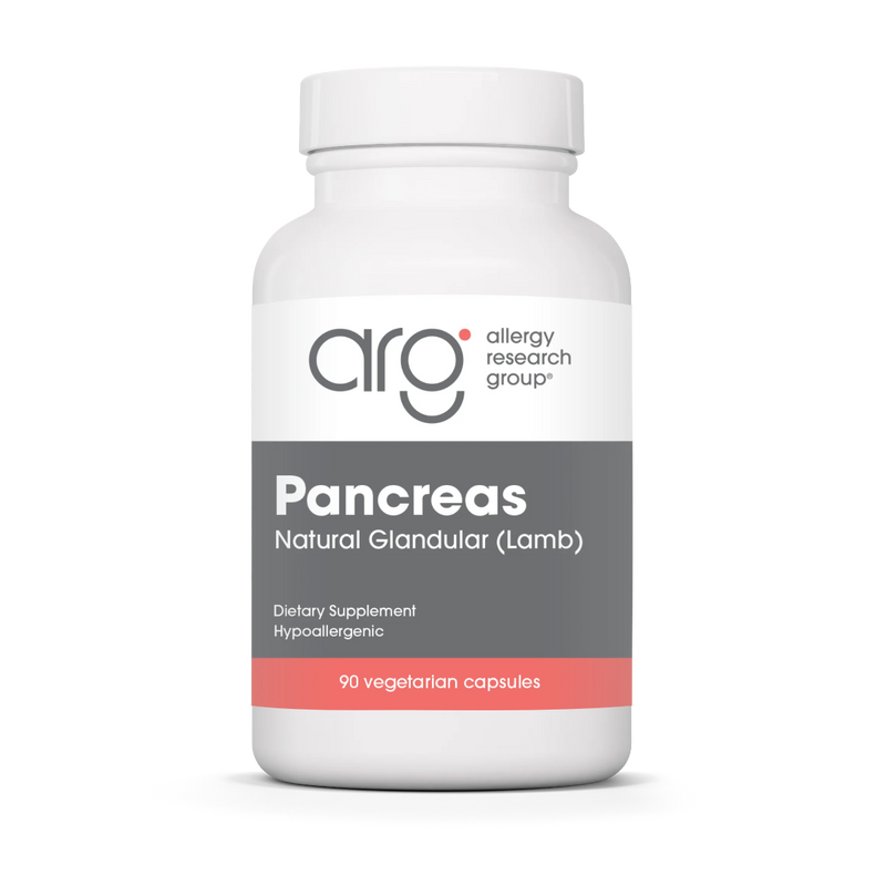 A Supplement container with the name Pancreas (Lamb) by Allergy Research Group.