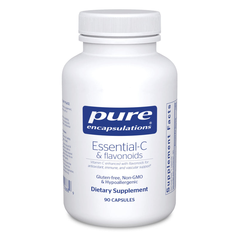 A Supplement container with the name Essential C with Flavonoids by Pure Encapsulations.