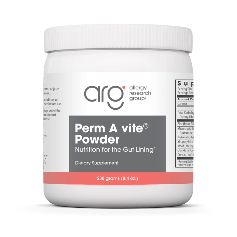 A Supplement container with the name Perm A Vite Powder by Allergy Research Group.