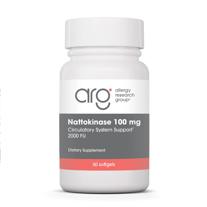 A Supplement container with the name Nattokinase 100mg (60 caps) by Allergy Research Group.