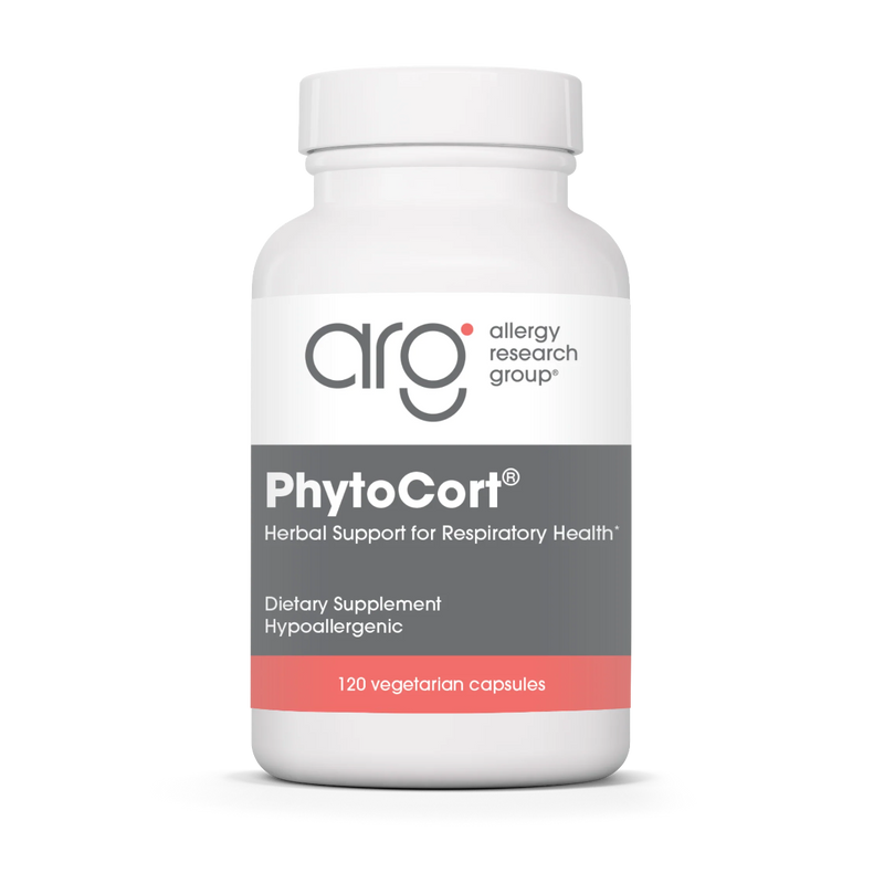 A Supplement container with the name PhytoCort by Allergy Research Group.