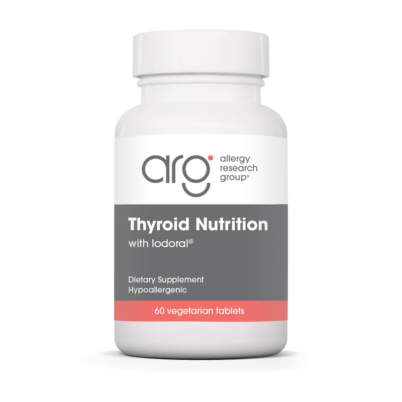 A Supplement container with the name Thyroid Nutrition with lodoral by Allergy Research Group.