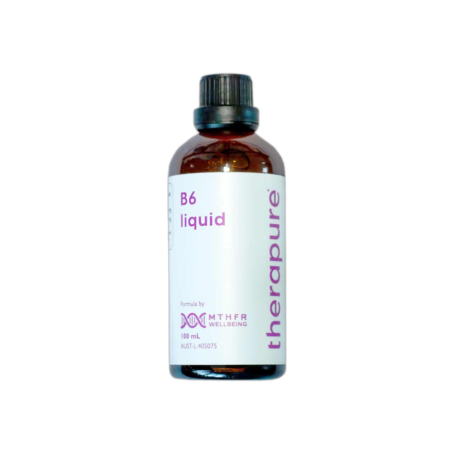 A Supplement bottle with the name B6 Liquid by therapure, MTHFR