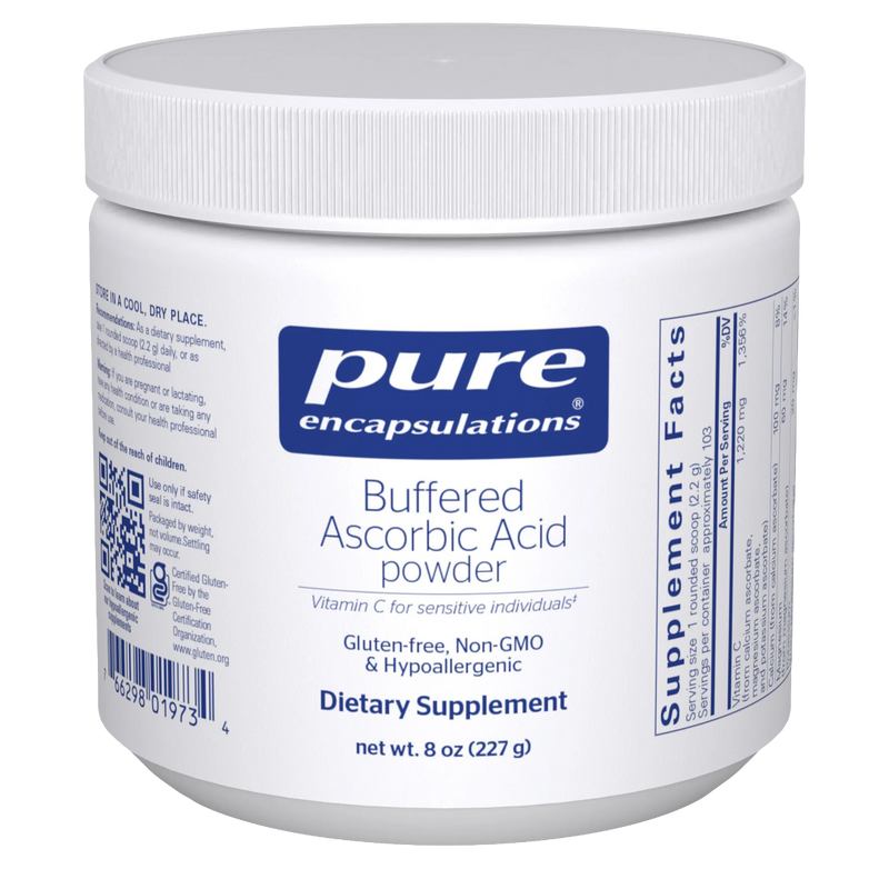 A Supplement container with the name Buffered Ascorbic Acid Powder by Pure Encapsulations.