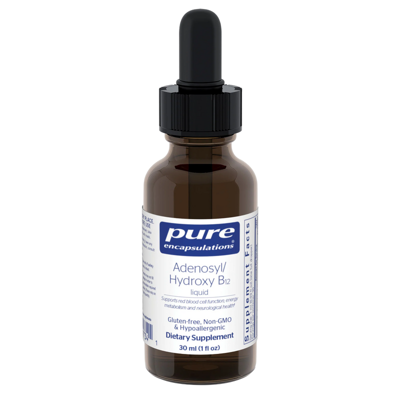 A Supplement container with the name Adenosyl/Hydroxy B2by Pure Encapsulations.