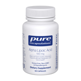 A Supplement container with the name Alpha Lipoic acid 100mg  by Pure Encapsulations.