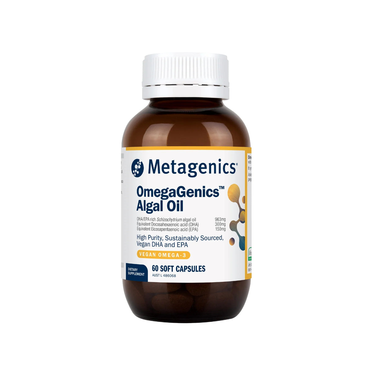 A supplement bottle with the name OmegaGenics Algal Oil by Metagenics.