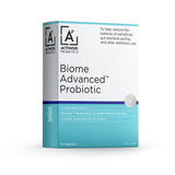 Front of the box of Activated Probiotics BIome Advanced 30 caps. White and blue design.