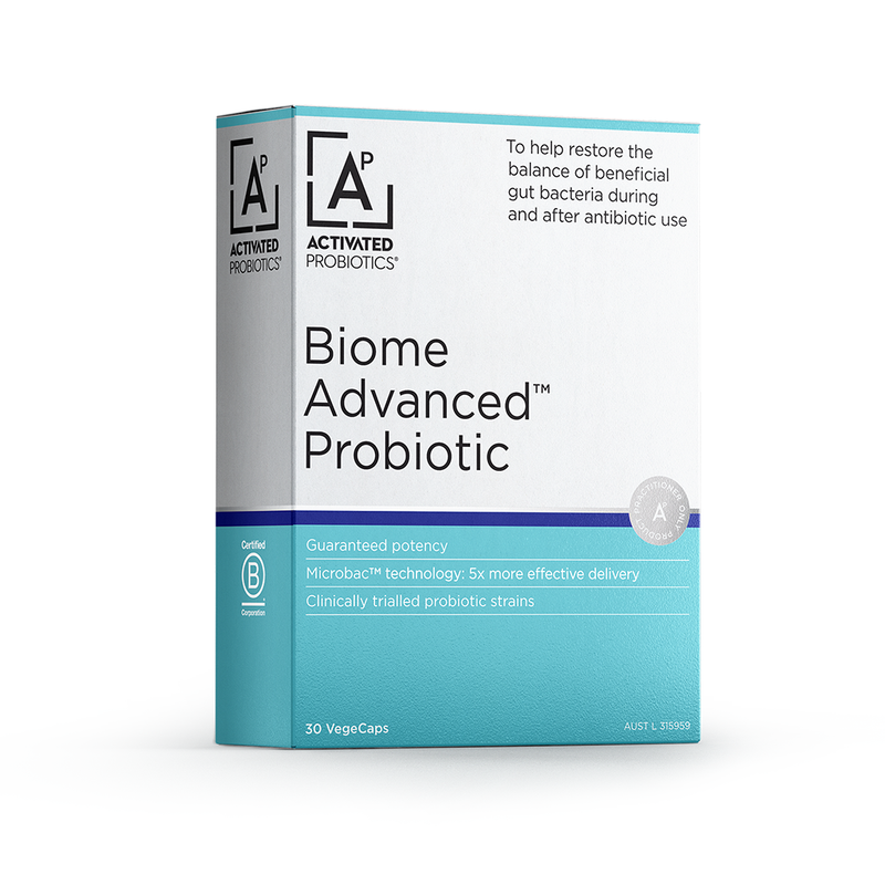 Front of the box of Activated Probiotics BIome Advanced 30 caps. White and blue design.
