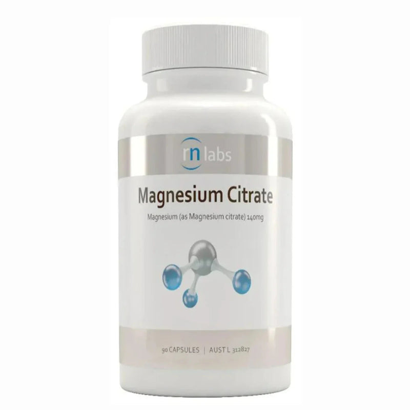 image of a white supplement bottle that says rn labs magnesium citrate. Magnesium (as magnesium citrate) 140mg 90 capsules