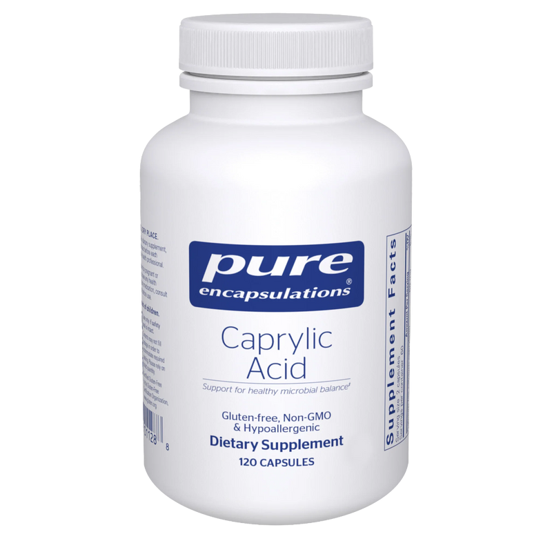 A Supplement container with the name Caprylic Acid by Pure Encapsulation.