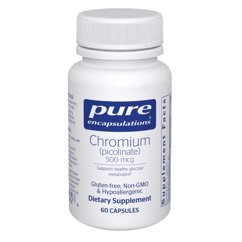 A Supplement container with the name Chromium Picolinate 500mcg by Pure Encapsulations.