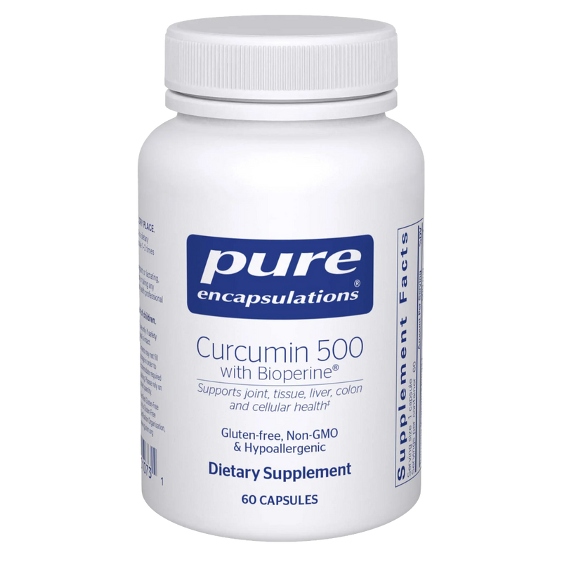 A Supplement container with the name Curcumin 500 with Bioperine by Pure Encapsulations.
