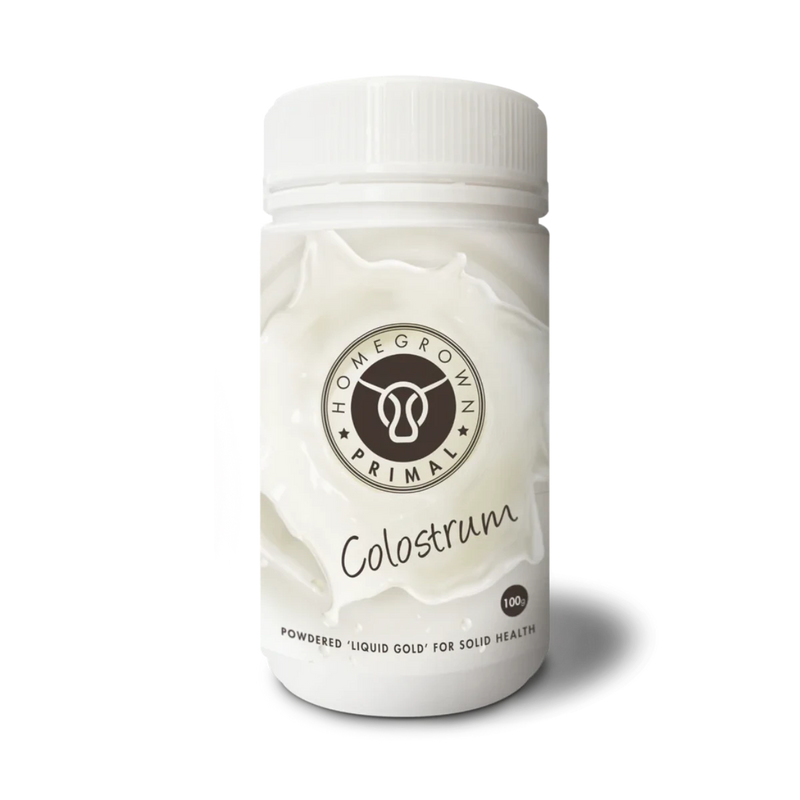 A Supplement container with the name Colostrum by Homegrown Primal.