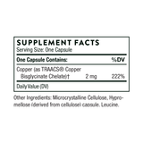 Text describing the ingredients, Copper, Bisglycinate Chelate, Copper Bisglycinate.