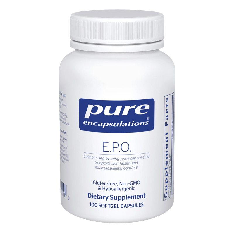 A Supplement container with the name E.P.O (Evening Primrose Oil) by Pure Encapsulations.