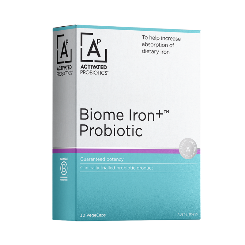 Activated Probiotics A box of probiotics called Biome Iron+